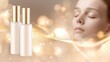 © Sun Xueguang - Two skin care products are placed on the left side of the picture, and on the right side is a female face with closed eyes and a silky texture.