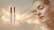 © Sun Xueguang - Two skin care products are placed on the left side of the picture, and on the right side is a female face with closed eyes and a silky texture.