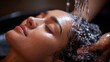 © Nisa - Close-up of a woman receiving a head massage during a Japanese head spa treatment with water flowing from a special hair washing tool, focusing on the scalp relaxation and beauty therapy Generative Ai