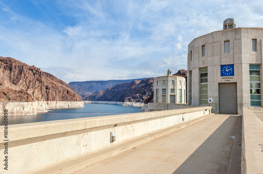 Reinforced-concrete intake towers of Hoover Dam on Colorado river built during New Deal to control water flow from lake Mead to the power plant, Arizona, USA