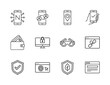 © MSTRABEIA - Digital security and privacy line icon set. Vector pictograms of mobile apps, user data, secure browsing, payments, authentication, and protection shields, thin linear illustration.