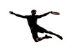 © fotostockuus - Dynamic Male Athlete Jumping with Frisbee in Action.