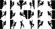 © Hasem Creative - Rock climbing silhouette illustration set, rope and harness poses, black vector, sport technique, adventure theme, fitness artwork