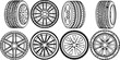 © DesignVectX - Car wheels tire rims collection black and white outline vector illustration set for automotive design