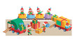 © zubaida - Cartoon Santa’s elves driving tiny toy trains around a huge Christmas gift mountain inside the toy workshop