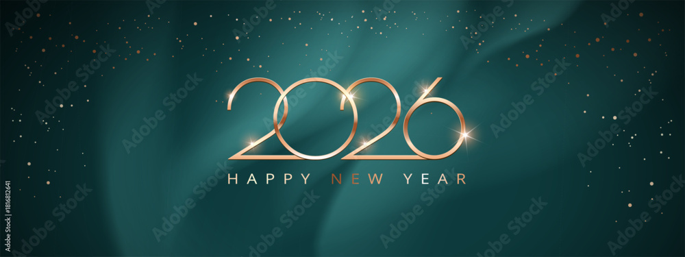 Stylish 2026 Happy New Year abstract green and gold background with