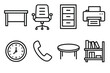 © peppastocker - Office Essentials Icons. Business Office linear icon set: desk, swivel chair, filing cabinet, printer, phone handset, meeting table, clock, bookshelf