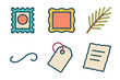 © peppastocker - Minimalist Postcard Icons. Classic Postcards flat icons set. postage stamp, ornate text, pine sprig, ink line, tag, vintage paper