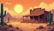 © Pete - Desert landscape with wooden building and saguaro cacti under a bright sunset sky. Mountains and dry brush in background. Retro wild west town scene.