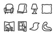 © peppastocker - Home Comfort Icons. Home Cocoon Icons linear icon set: comfy chair, thick throw, dim lamp, soft pillow, warm corner, quiet window, curved rug, restful curve