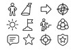 © peppastocker - Leadership Icons Set. Leadership Presence Elements Set linear icon set: confident stance icon, spotlight beam, guidance arrow, vision compass, clarity spark, goal flag, steady