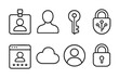 © peppastocker - Digital Security Icons. Online Identity linear icon set: ID badge, avatar face, digital key, encrypted lock, login screen, cloud icon, user profile, secure padlock
