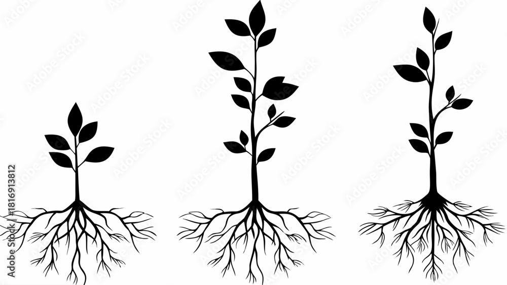 Stages of growth showing seedling to fully grown plant with roots ...