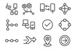 © peppastocker - Device Integration Icons. Device Integration Solutions Set linear icon set: integrated hub, linking path, synced devices, data mesh, workflow line, system connection, pairing mark