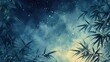 © Pat J. - traditional ink and watercolor painting of bamboo leaves with a starry night background
