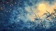 © Pat J. - traditional ink and watercolor painting of bamboo leaves with a starry night background