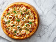 © vincenzo - Seafood pizza with shrimp and calamari on white marble, morning natural light, clean composition