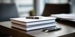 © kwanchaift - Clean, minimalist shot of a clean, simple stack of notebooks and a few pens on a clean table before the meeting starts, preparation, anticipation, clean design, 16K,