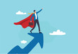 © Premium Shop - Success leader, business professional with super power, company hero who succeed in work and achieve career growth concept, confident businessman superhero with powerful red cape stand on growth arrow
