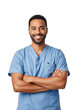© shahida  - Smiling male medical professional wearing light blue scrubs with arms crossed against a plain dark background