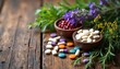 © Pete - Various colorful pills, herbal plants arranged on table. Medicine treatment includes pharmaceutical drugs, herbal medicine. Alternative remedies includes herbs, vitamin dietary supplements on wood