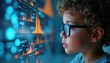 © Pete - Kid with glasses looks at futuristic screen with data. Boy researches diagrams charts. Child explores digital tech, gains knowledge, learning about future science, artificial intelligence, neural