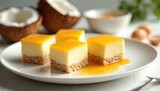 Four small square custard desserts with yellow topping sit on white plate. Coconut halves and eggs nearby suggest ingredients. Sweet treat is ready for serving.