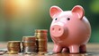 © Pete - Pink piggy bank stands near stack of coins. Investment in future represented by moneybox, savings metaphor. Symbolizes personal finance and accumulation of capital. Bank deposit growth strategy.
