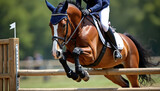 Equestrian rider and horse jump over wooden barrier during competition. Horse has brown coat with white blaze. Rider wears white pants dark top and helmet.