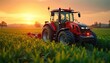 © Pete - Red tractor works in green field at sunset. Agricultural machine cultivates crop. Modern farm vehicle plows land. Rural landscape at golden hour. Sunrise or sunset scene.