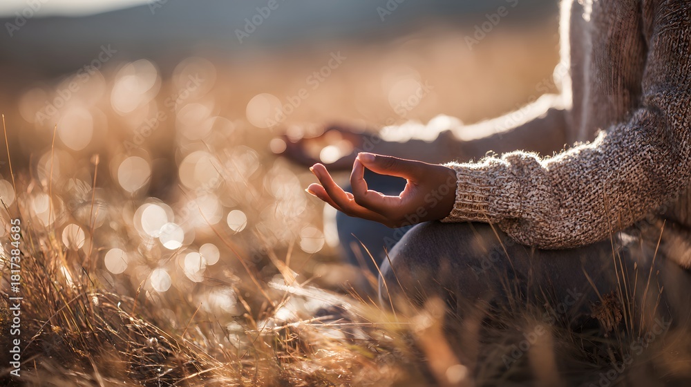 Illustration Stock Close-up of a person meditating outdoors in a serene ...