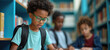 © Pete - Student reads in library. African american boy in glasses studies with book. Schoolkids learn, study, read textbooks, prepare homework in class at college library, gains knowledge, skills.