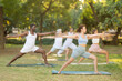 © JackF - During street workout, yoga practice on lawn in public park, multinational athletes of different ages fulfil carry out warrior pose virabhadrasana exercise. Students attend outdoor yoga lesson in park