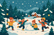 © Architect - Scene forest cottages delight surrounding pine snowball drifting fight winter vector illustration