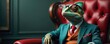 © Pete - Chameleon in glasses and business suit sits on red leather throne chair. This colorful reptile looks regal and sophisticated in modern office interior. Animal concept.