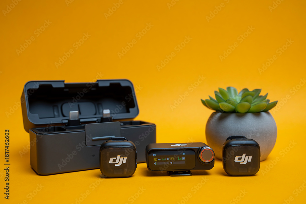 DJI Mic 3 wireless microphone system displayed in a clean, modern ...