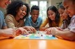 © Pete - Diverse group of smiling children play board game together indoors at table. Kids laugh, have fun, learn strategy, cooperate, share joyful moments. They interact in happy friendly game time.
