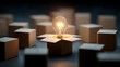 © sornram - A glowing light bulb emerging from an open box amidst surrounding closed boxes, symbolizing innovation and creativity.