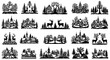 © Matheus - Collection of silhouette christmas scenes with houses trees and deer in a festive winter landscape design