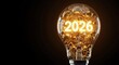 © Vyatcheslav - New Year 2026 concept with a glowing lightbulb filled with golden Christmas decorations. Bright ideas and innovation for the future with copy space for text