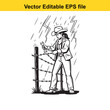 © Shah - Cowgirl repairing a barbed wire fence in the rain with lightning strikes, vector illustration