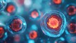 © Tasnim - Microscopic view of glowing biological cells with vibrant red nuclei in a blue fluid