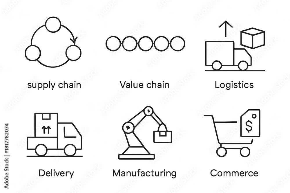 Seamless Supply Chain: A collection of concise icons depicting key ...