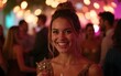 © ling - Portrait of a beautiful woman smiling at a social gathering celebration, possibly a company work party or holiday event. High quality