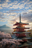 Fujiyoshida, Japan Beautiful view of mountain Fuji and Chureito pagoda at sunset, japan in the spring with cherry blossoms