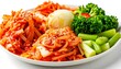 © Marina Shvedak - Plate featuring spicy kimchi, blanched broccoli, celery, and onion, creating a vibrant, healthy, and fresh Asian side