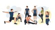 © Jiaa - Group of Diverse People Doing Workout Exercises in Bright Studio