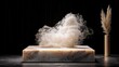 © doremon - A wispy, ethereal cloud of white smoke billows upwards from a polished marble pedestal. To the right, a tall, slender wooden vase holds dried pampas grass. The
