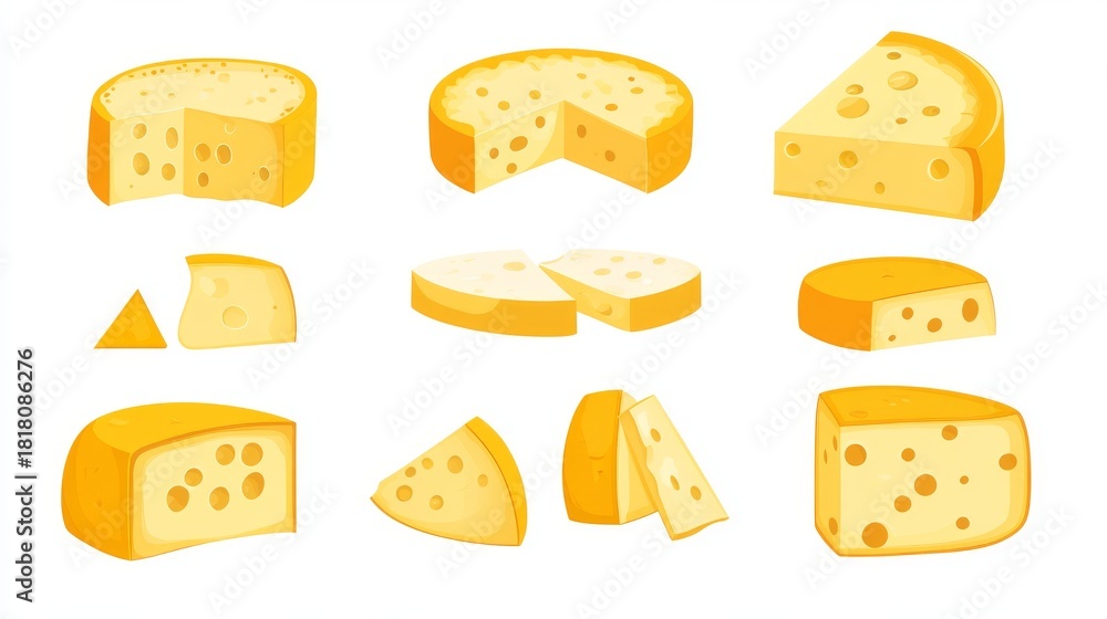 Graphic design set of cheese varieties in flat style showing top and ...