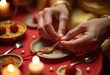 © LucieAliceNova - A Close-Up of Hands Tying a Traditional Rakhi with Sweets and Candles in the Background